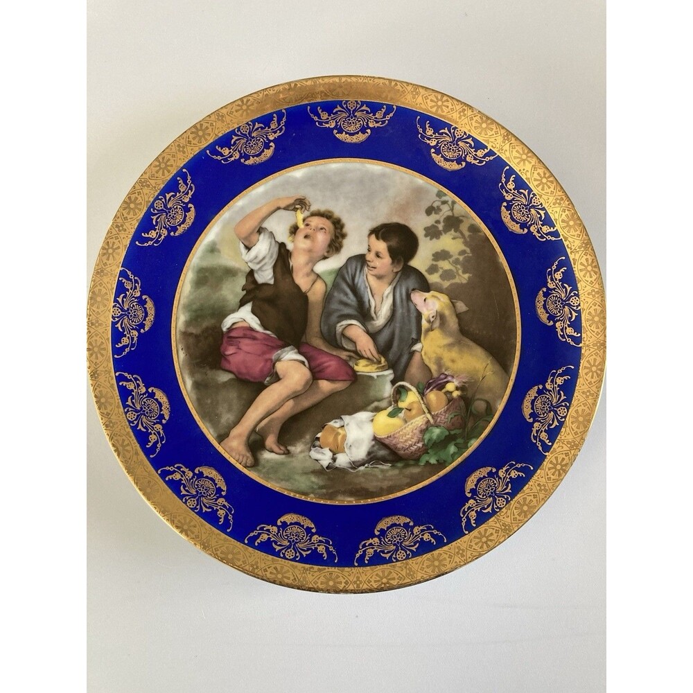 JWK Fine Porcelain Plate Vintage 1930 Gold Edge 2 Boys & Dog Western Germany